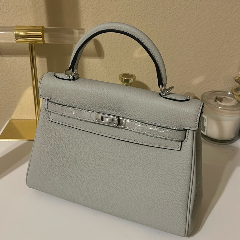 Top Handle KL Belted Leather Satchel Bleu Brume